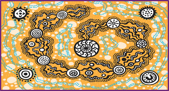 Artwork by David Williams, Jenna Lee and Rachael Sarra. This artwork is a visual representation of the individual's journey and the journey  of the nation. It speaks to both the individual and the nation and represents a  parallel between the history of Aboriginal and Torres Strait Islander People  and political journey in this Country.