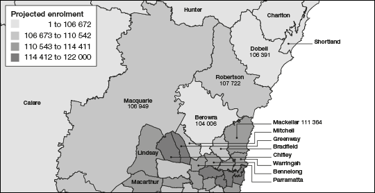 Projected enrolment as at 25 August 2019 for existing Divisions of Berowra, Dobell, Mackellar, Macquarie and Robertson