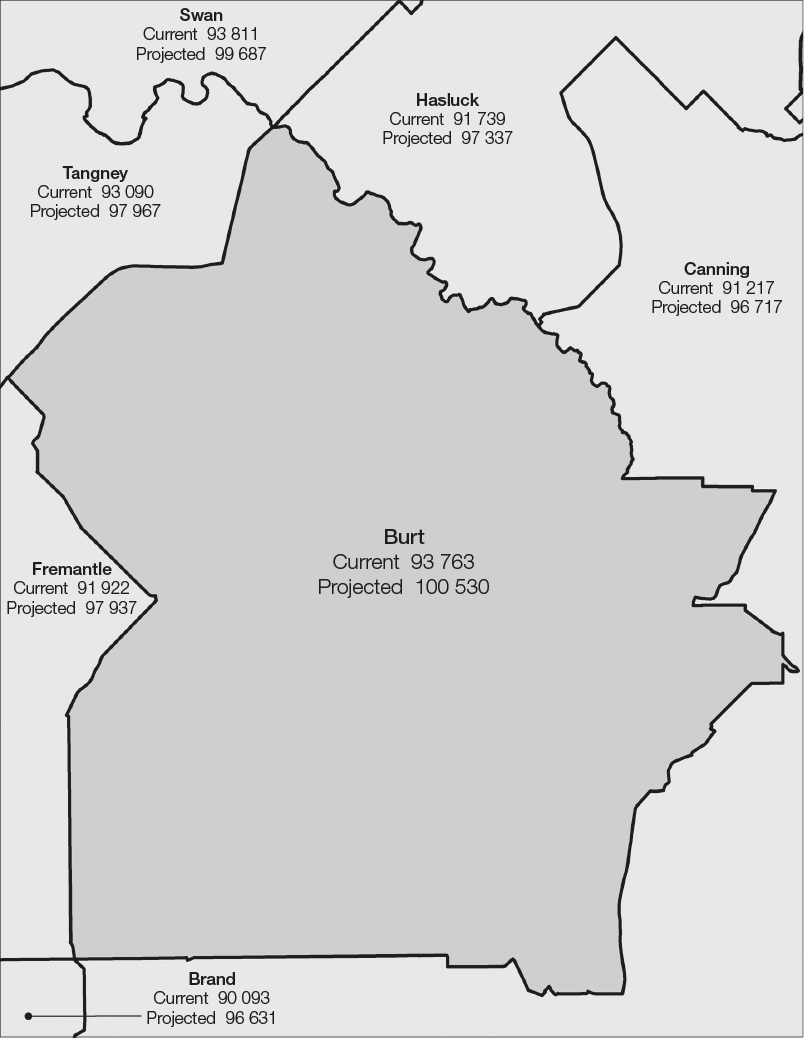 The proposed Division of Burt is located either side of the South Western Hwy surrounded by the Divisions of Brand, Canning, Fremantle, Hasluck, Swan and Tangney