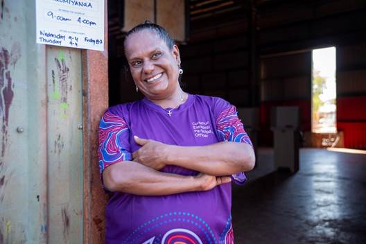 Image: AEC  Indigenous Electoral Participation Program staff member Mavis Kerinaiua in the Wurrumiyanga  community on 26 September 2023. Courtesy of ABC.